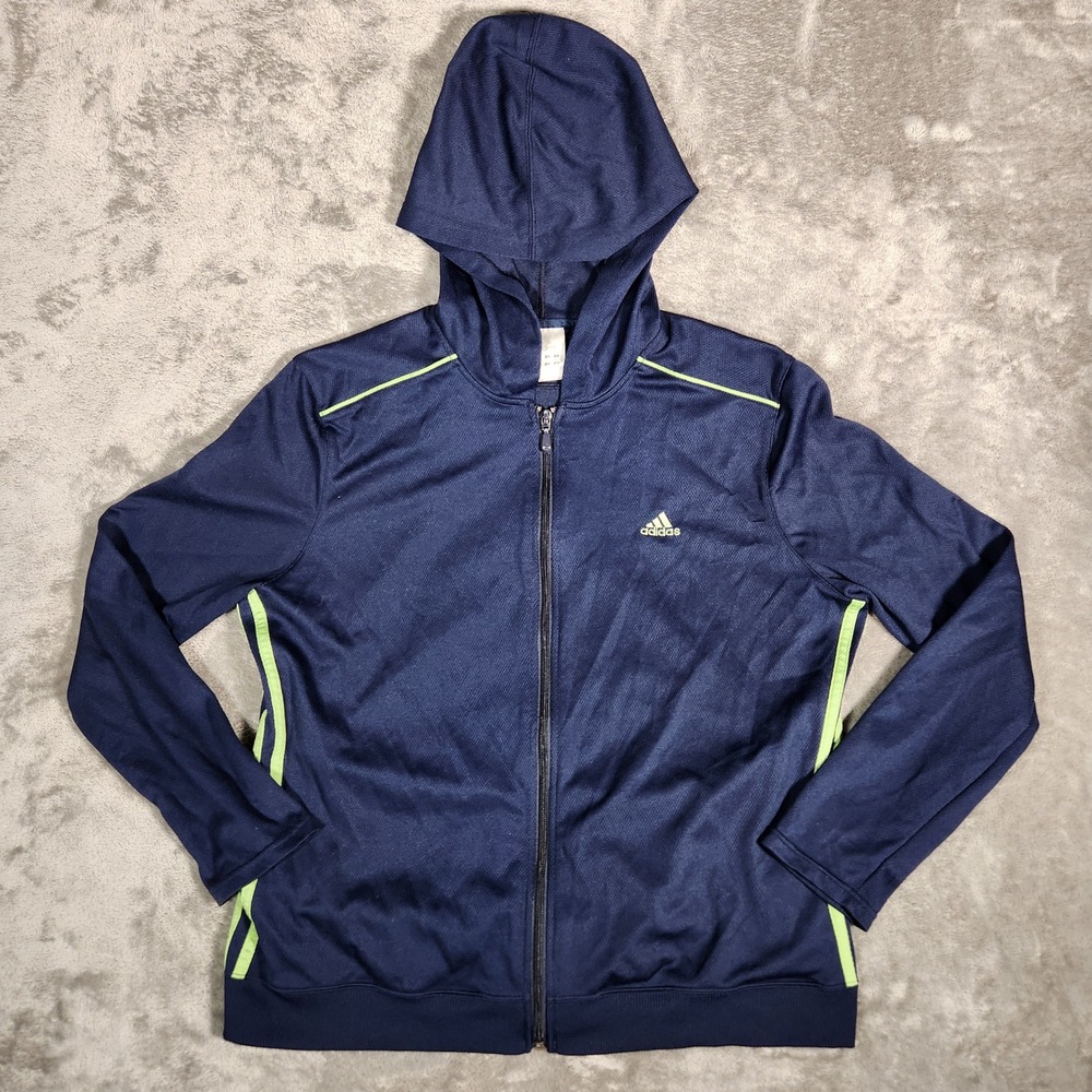 Adidas Jacket Hoodie Men's XL Navy Blue Lime Green Stripe Full Zip Track 458198